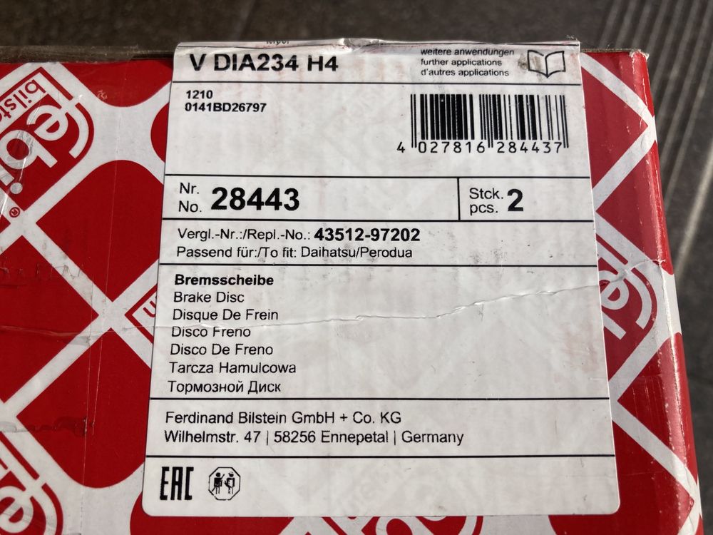 Febi Bilstein 28443 nowe tarcze hamulcowe Subaru Daihatsu przód