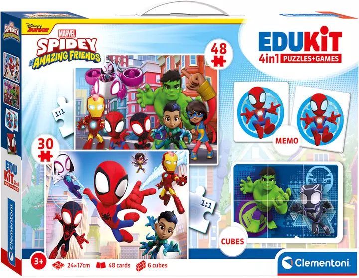 Puzzle 48 + 36 + Memo + 6 klocków Edukit Spidey. Clementoni