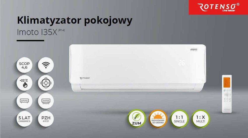Klimatyzator pokojowy Rotenso Imoto z WiFi 3.5kW idealny do grzania