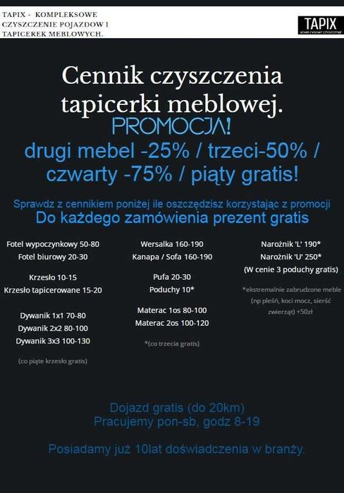 PROMO! od -25% do -75% taniej. Pranie tapicerki meblowej Dojazd gratis