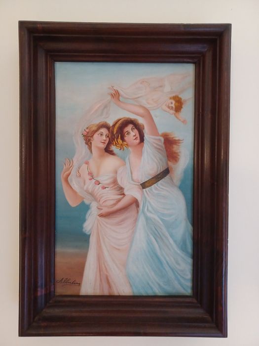 Quadro em tela com pintura de escola assinado