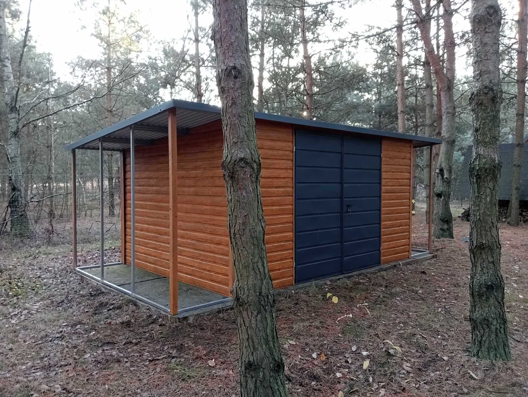 Domek ogrodowy 4x3m + wiatka 1×3 + 1×3m- złoty dąb/ ciemny grafit mat