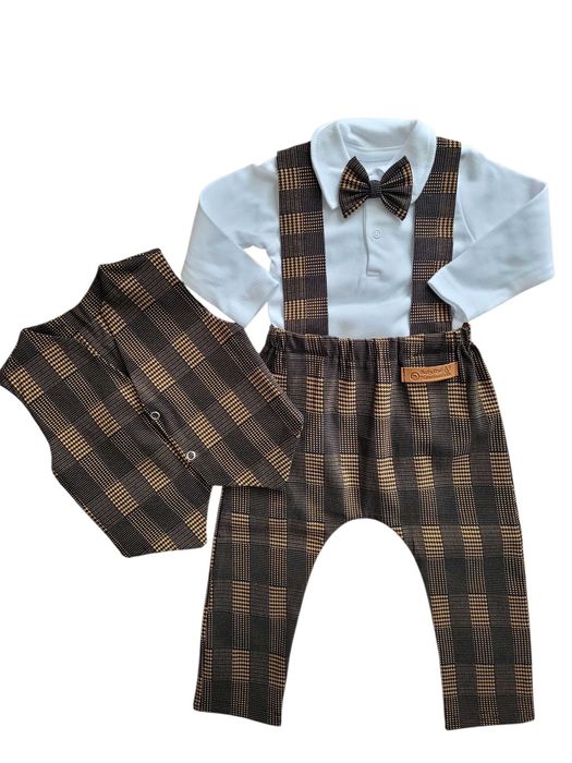 Garniturek dla dziecka na chrzest roczek urodziny kamizelka BRĄZ 92