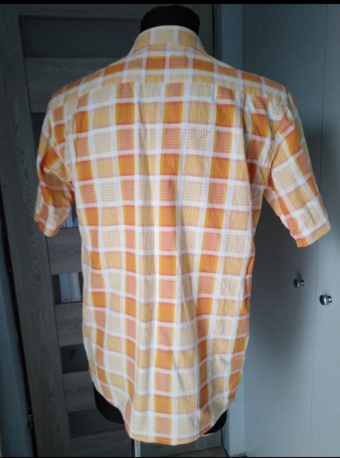 Koszula męska w kratę, krótki rekaw r. 40/41 pomarańczowo biala