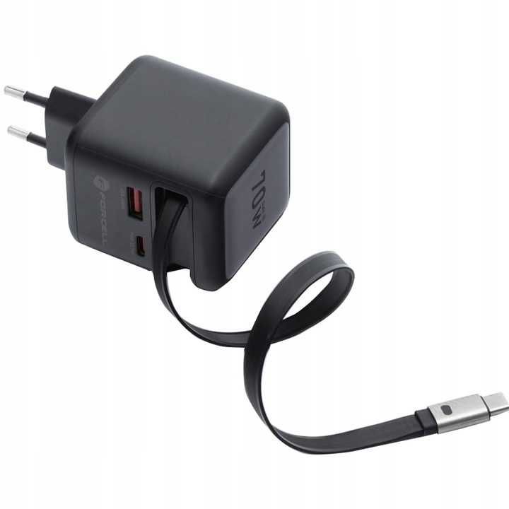 Ładowarka sieciowa GaN USB C + USB + zwijany kabel USB C PD QC4.0  70W