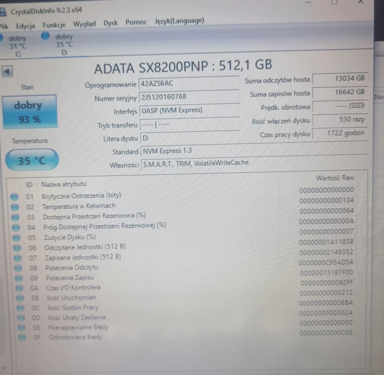 Dysk adata SX8200, pojemność 512GB m.2