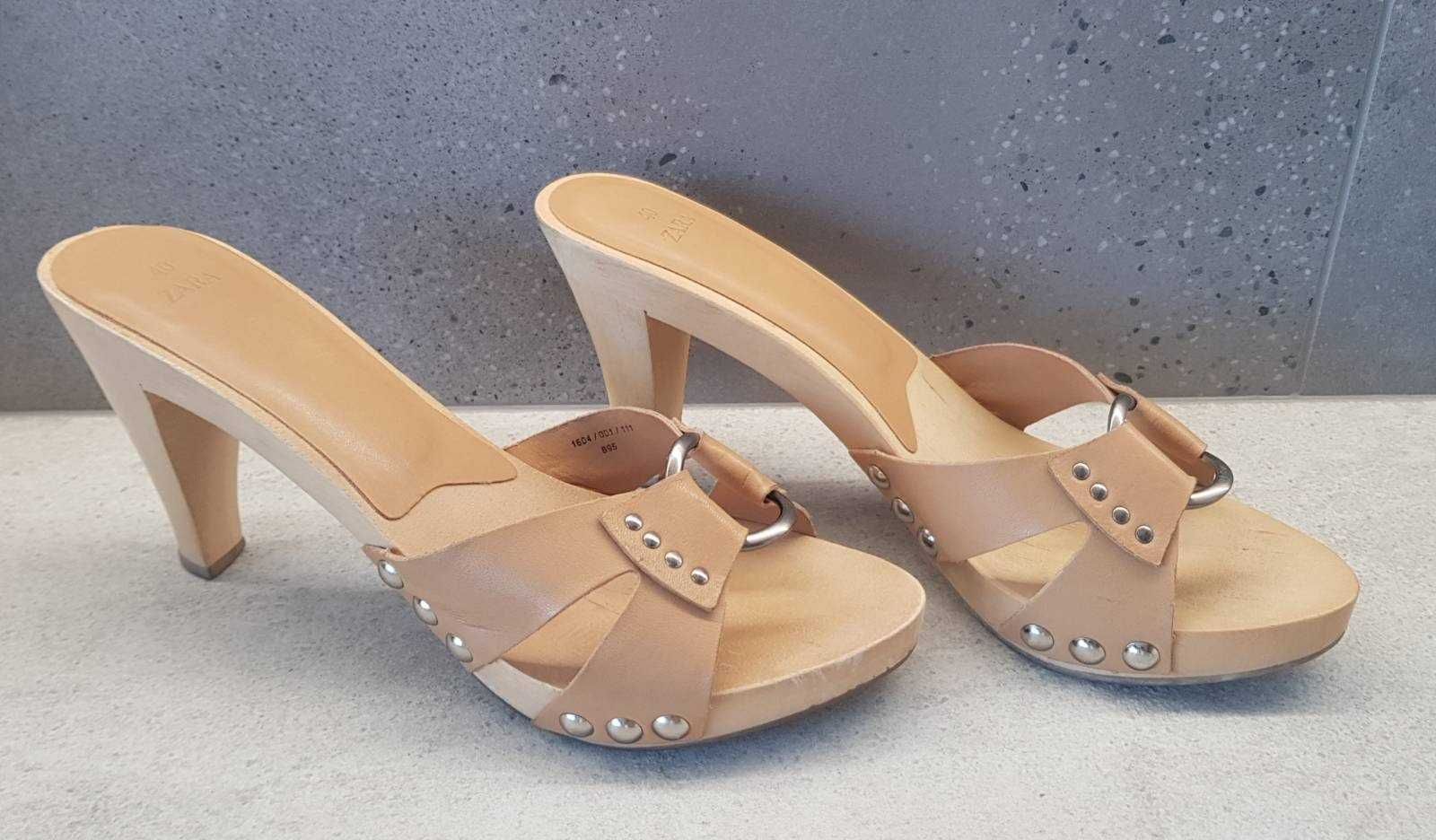 RETRO musztardowe otwarte szpilki ZARA, wierzch - skóra, rozm. 40