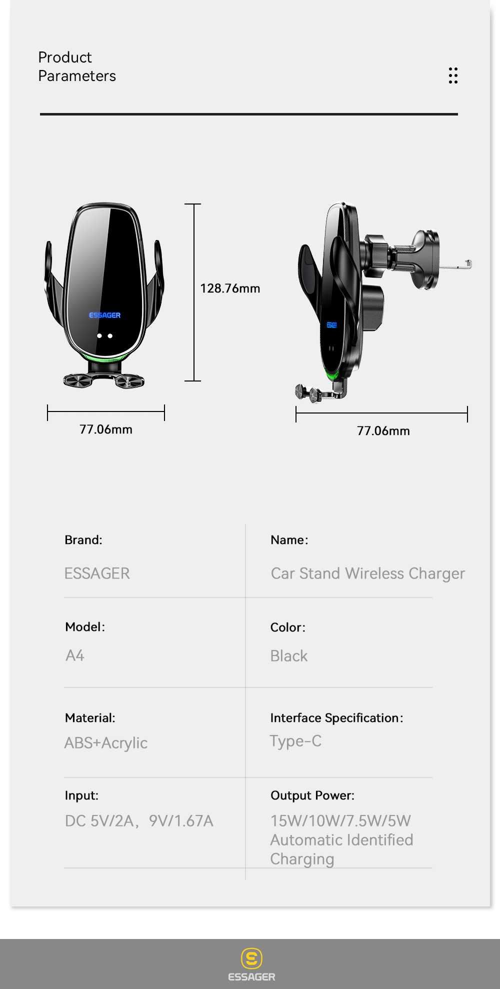 Essager Беспроводная Зарядка 15W, Держатель в Авто, Автолок, Led