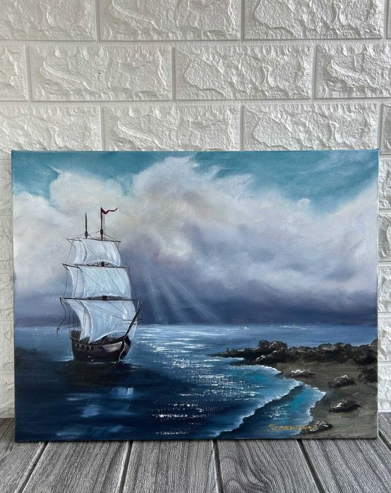 Картина  Морской Пейзаж Море Небо Корабль Холст Масло 40/50