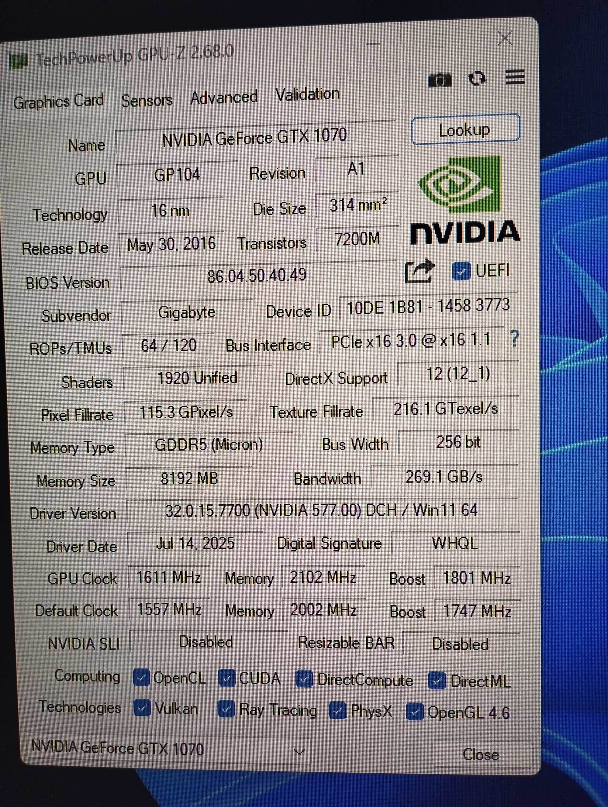Nvidia GeForce GTX 1070 8GB Gigabyte Windforce OC