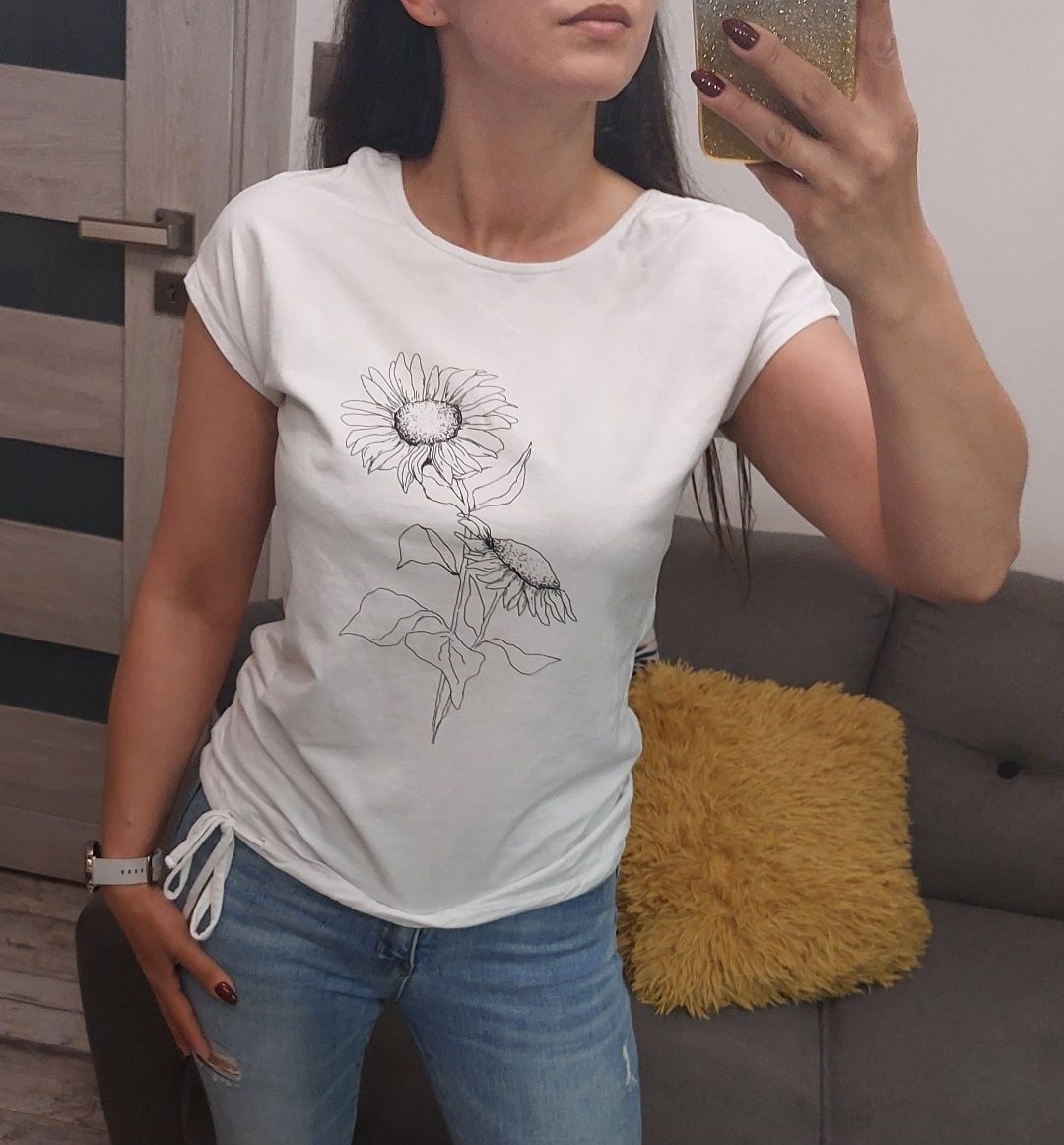 T-shirt damski biały Carry rozmiar S z nadrukiem słonecznik koszulka