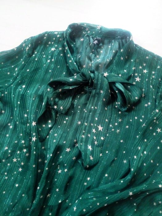 Блуза Olrain зелёная бирюзовая полупрозрачная с бантом звёздочки S