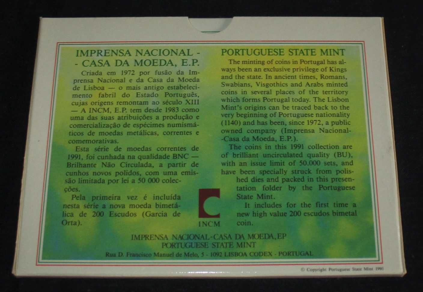 Portugal Colecção de 7 Moedas 1991 INCM