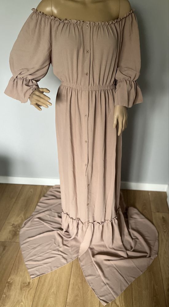 Suknia do sesji ciążowej boho kawa z mlekiem rozpinana XL beżowa