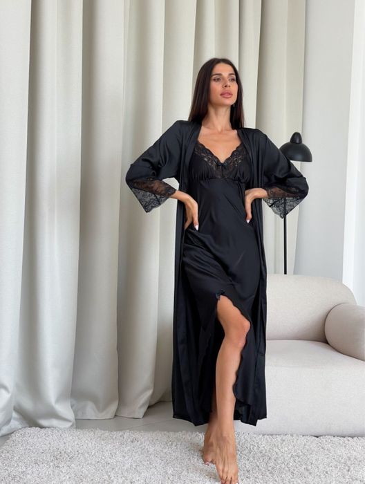 НА ПОДАРУНОК! Піжамна Шовкова сорочка + халат з пір’ям. Вау-образ!