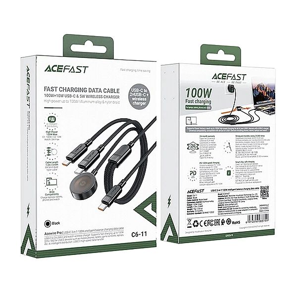 Kabel 3w1 Acefast C6-11 USB-C - 2x USB-C / Qi 480Mb/s 100W 1.2m - czar