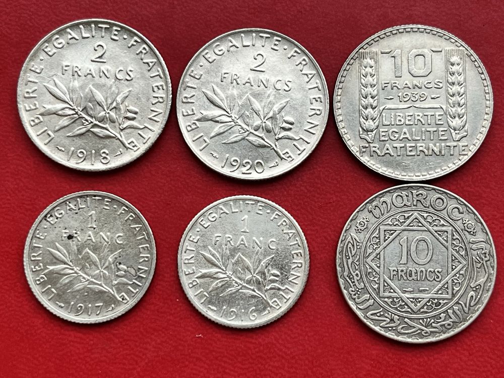 Срібні монети Франції 1,2,10 франків 1916-1939
