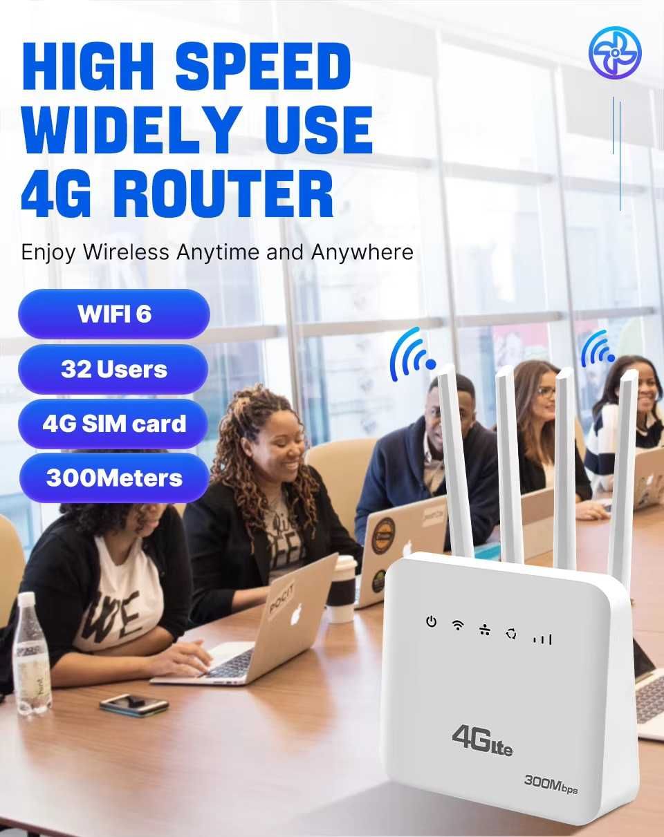Router 4G LTE Wi-Fi 6 cartão sim 4G para 2 x LAN + WiFi com 4 antena