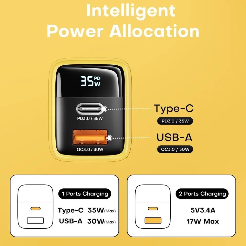 Зарядка Asometech GaN 35W с дисплеем + кабель 60W в комплекте