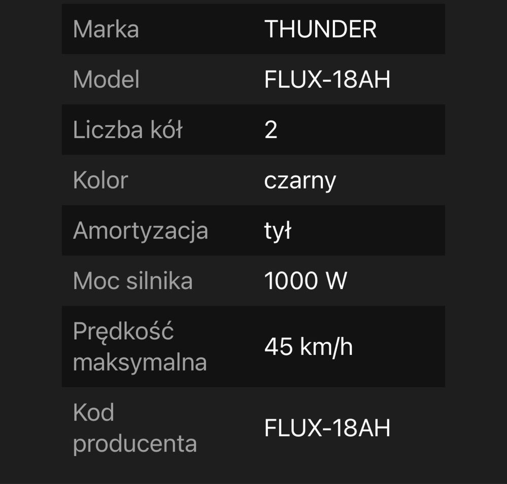 Hulajnoga elektryczna THUNDER FLUX-18AH, 1000W