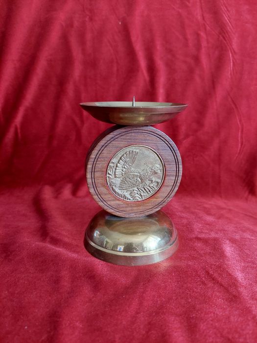 Świecznik mosiężno-drewniany