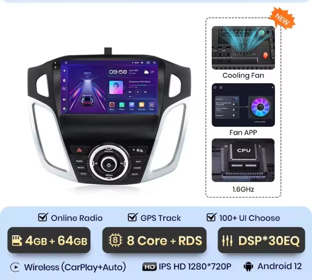 Rádio Android  9" Ford Focus 3 CARPLAY 8-core 4/64GB GPS WIFI 4G Novo