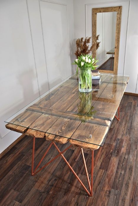 Stół ze starych desek, starego drewna rustykalny loft boho szkło