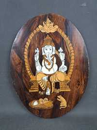 Bóstwo hinduskie, GANESHA, obraz drewniany, intarsjowany