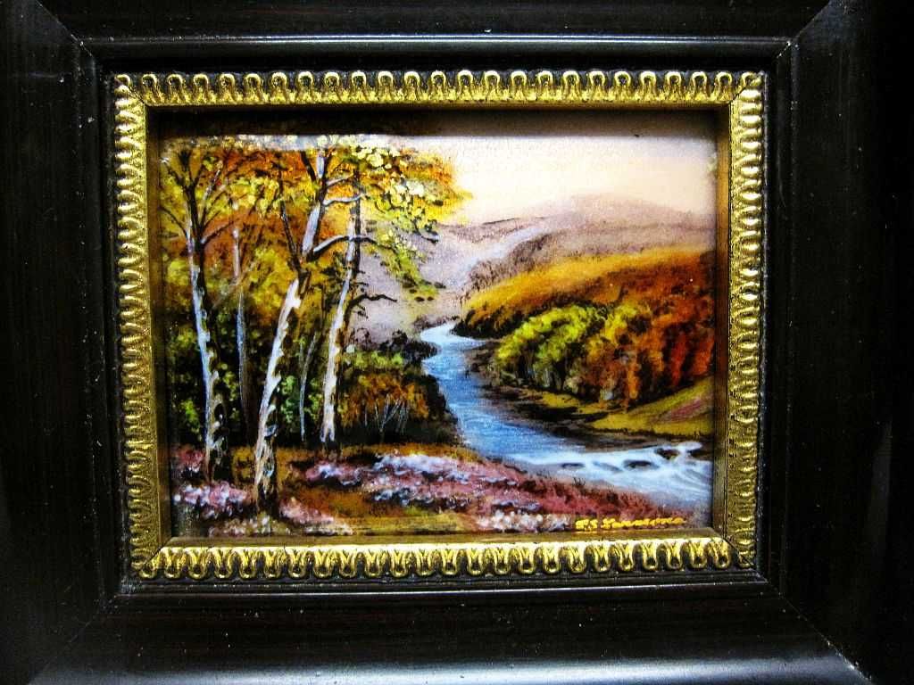 pequeno quadro - paisagem fluvial - esmalte ass. F.S. Carmona Limoges