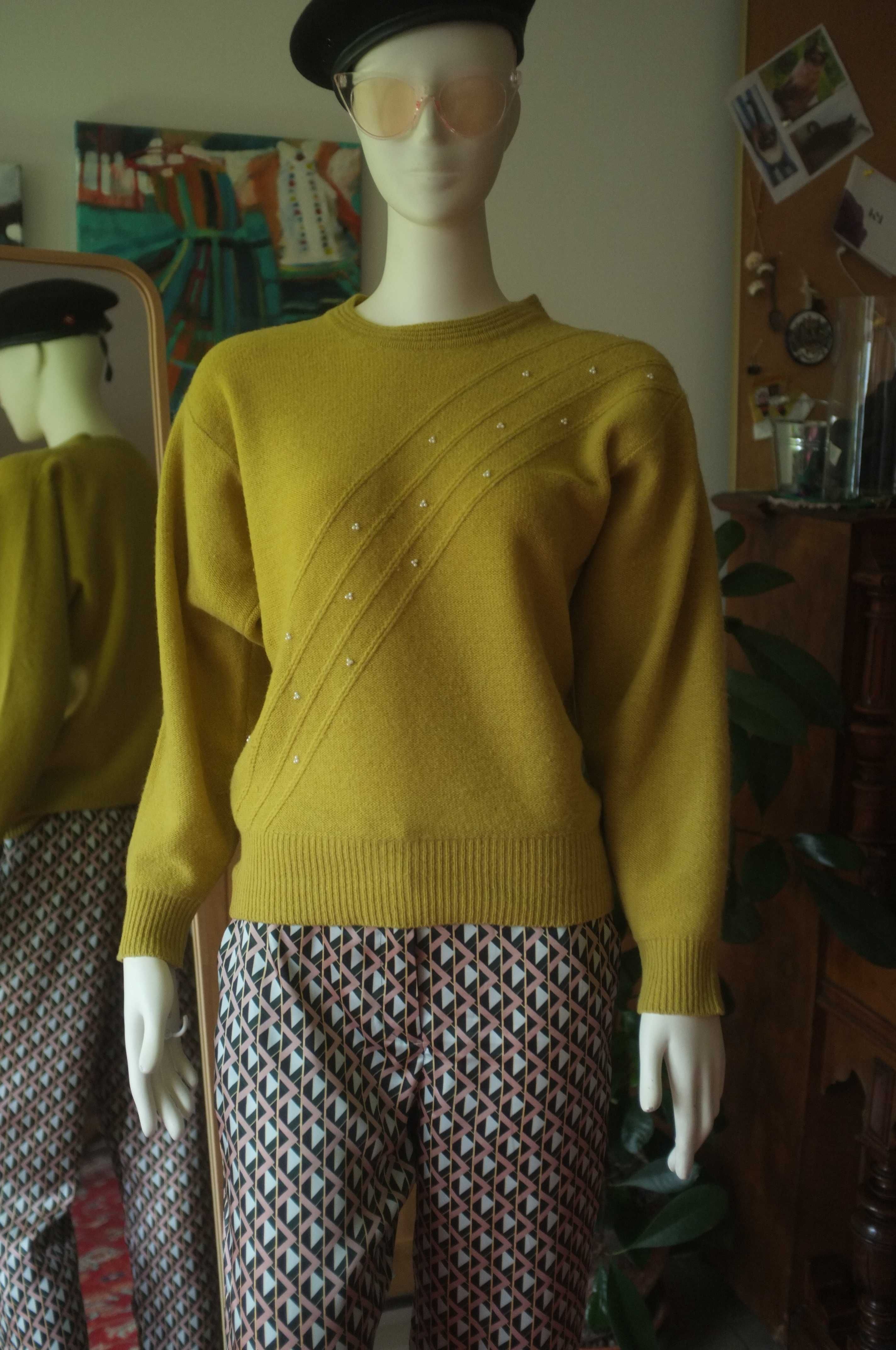 cytrynowy wełniany sweter vintage Queen of Saba żółty angora wełna