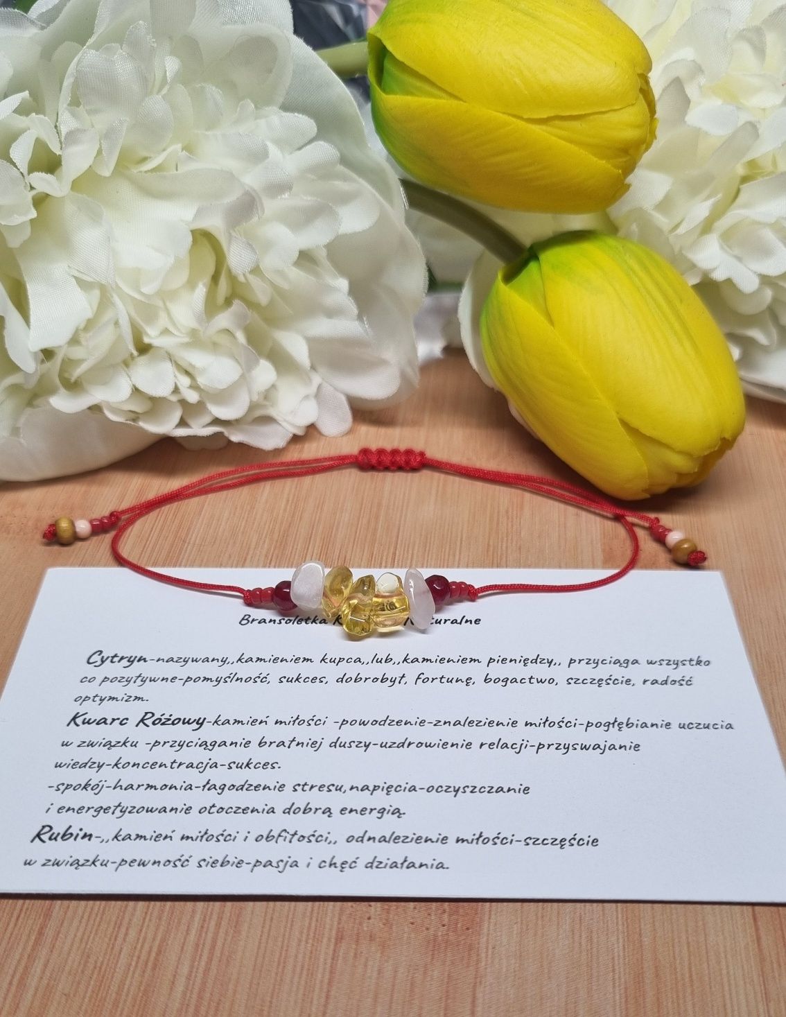 Bransoletka cytryny kwarce różowe rubiny MIŁOŚĆ