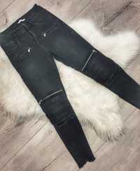 Czarne spodnie jeansowe z dziurami, zamkami, MARSALA r. 36