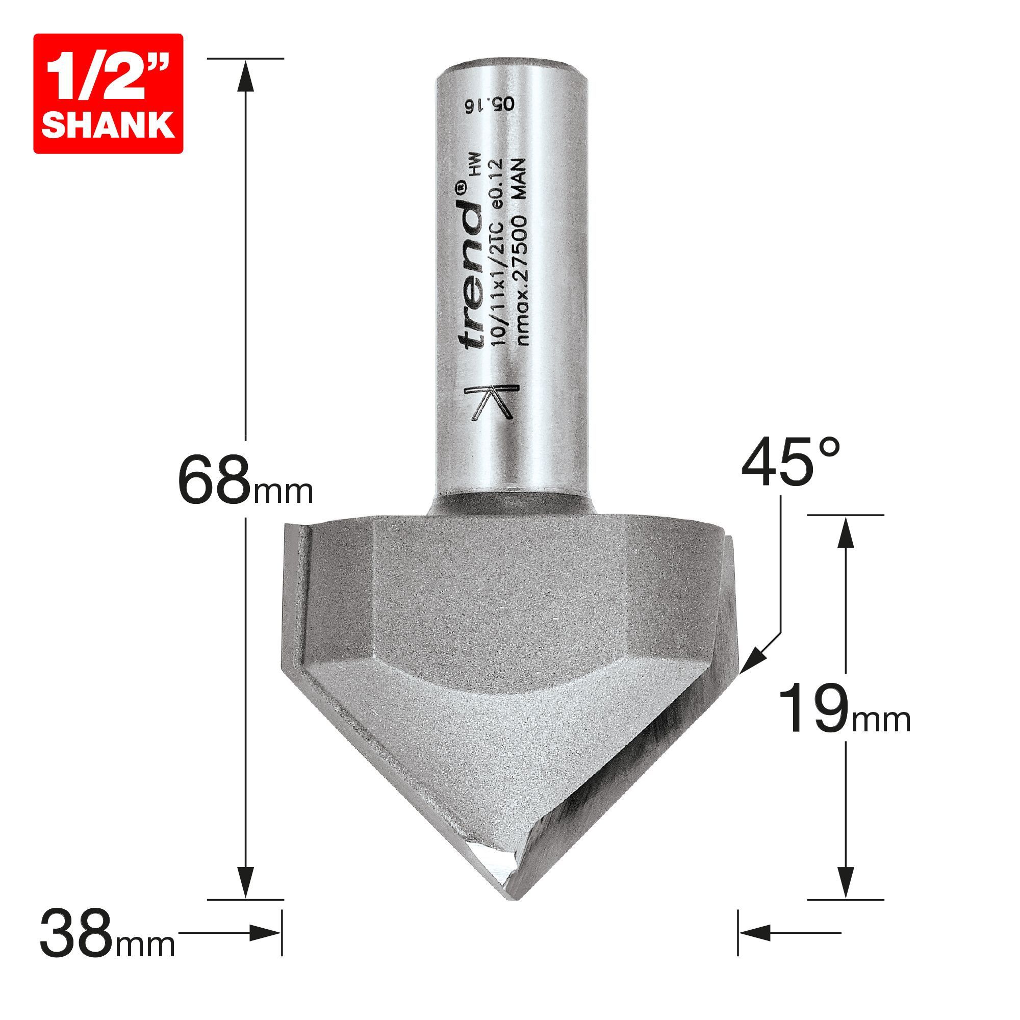Trend 10/11X1/2TC - Frez do wpustów z fazą V pod kątem 45 stopni
10/11