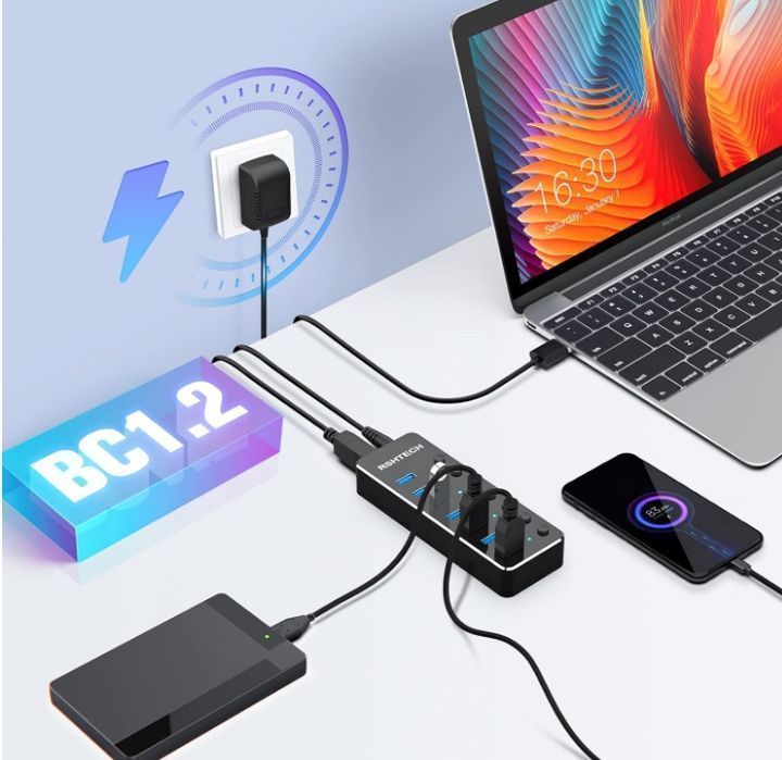 RSHTECH Hub USB 3.0 z 10W Zasilacz Aluminiowy 7 portów USB POWYSTAWOWY