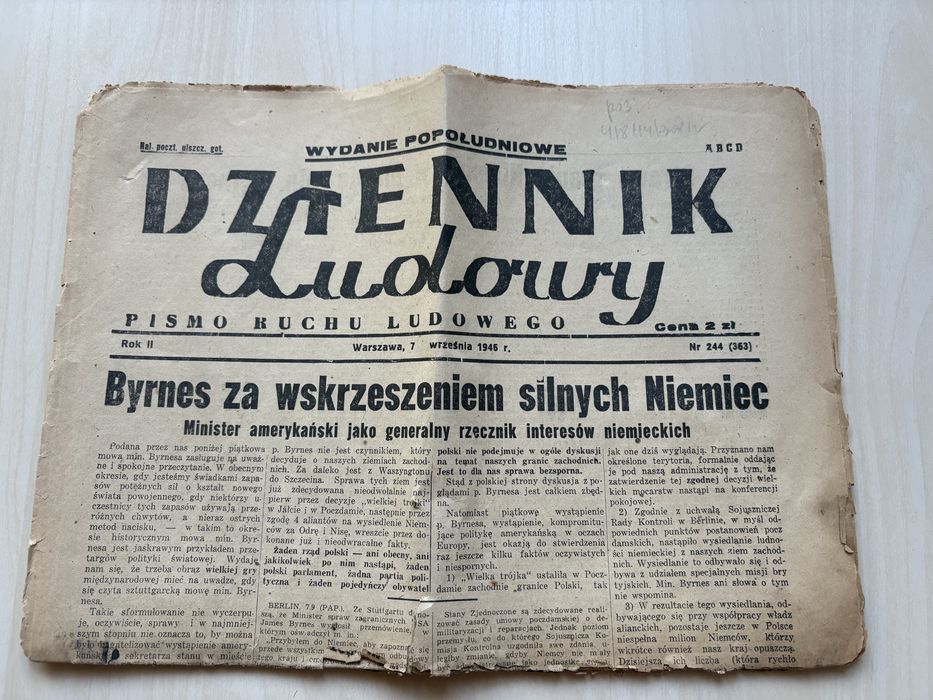 Dziennik Ludowy 7.09.1946 – Byrnes, powojenna Polska, rarytas