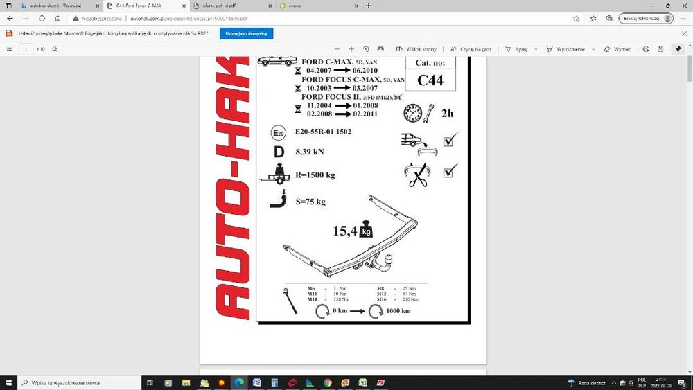 HAK FORD FOCUS II, C-MAX OD 200-2011 3/5drzwi poza ST
