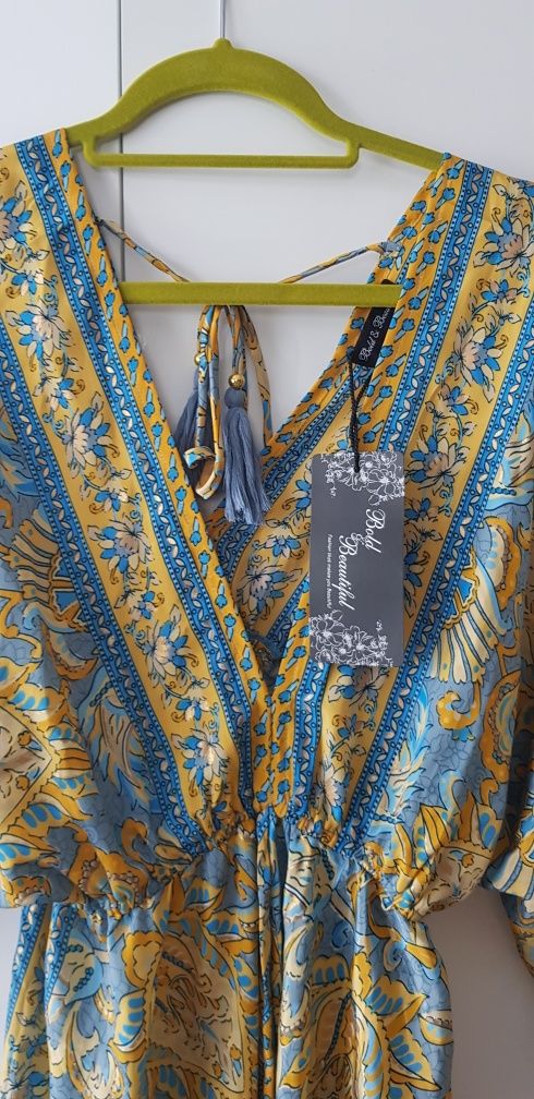 Nowa jedwabna krótka sukienka boho r.uniwersalny