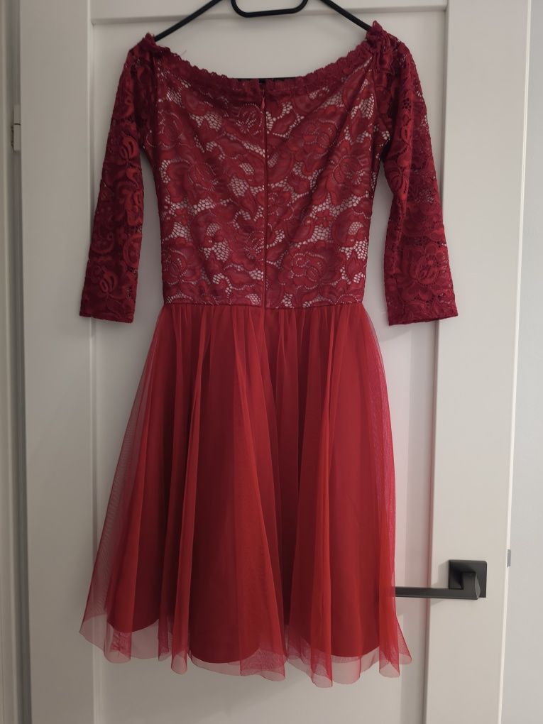Czerwona sukienka wesele tiul koronka XS