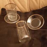 Zestaw 6 szklanki z talerzykiem antyk cienkie szkło ze złotym