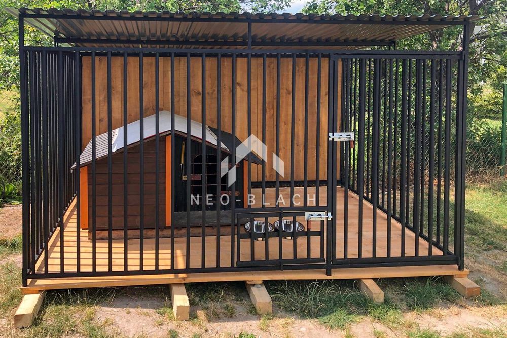 Kojec dla psów 3x2m - drewniana podłoga - Uchwyt na miski NB182