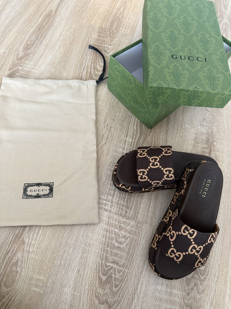 Klapki GG plaforma platform gruba podeszwa czekoladowe Gucci
