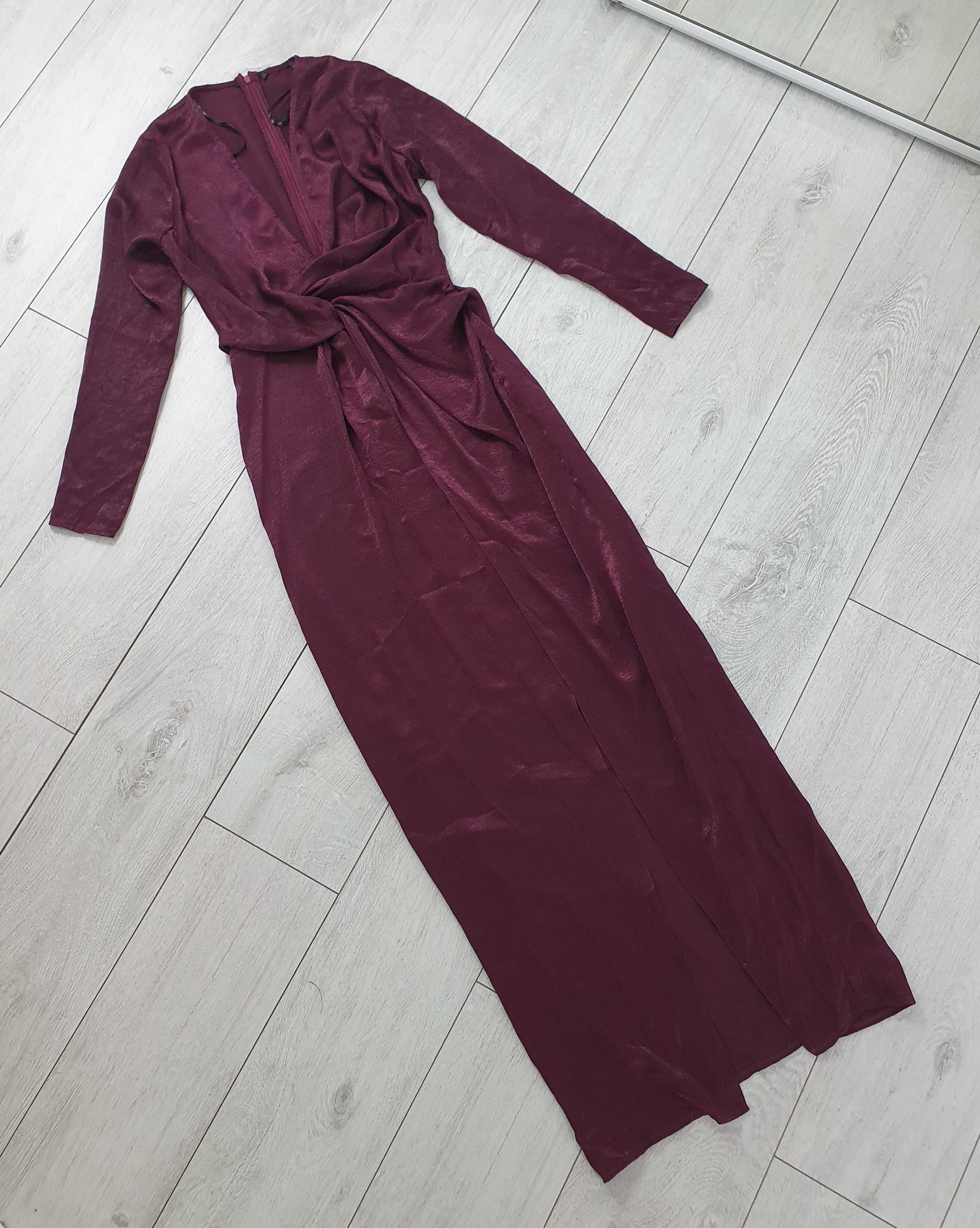 Missguided satynowa burgundowa sukienka maxi z rozcięciem XS 34