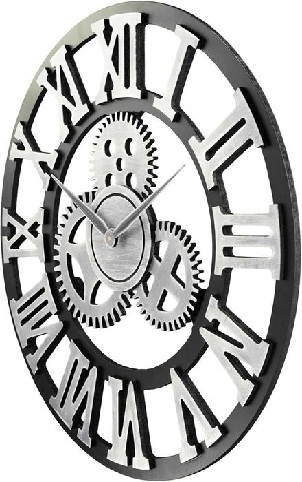 Lafocuse 58 cm drewniany zegar ścienny z przekładniami, srebrny