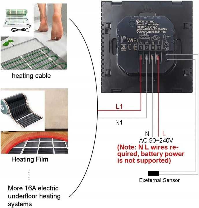 Ketotek inteligentny sterownik termostat 16A WIFI