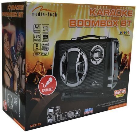 Głośnik boombox karaoke bluetooth mikrofon pilot radio FM microSD USB