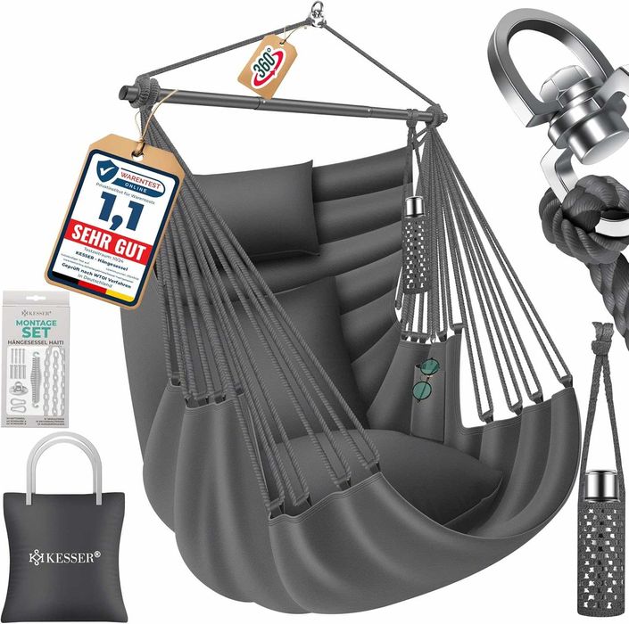 Fotel wiszący Krzesło brazylijskie 150 kg +2 poduszki UV 360° antracyt