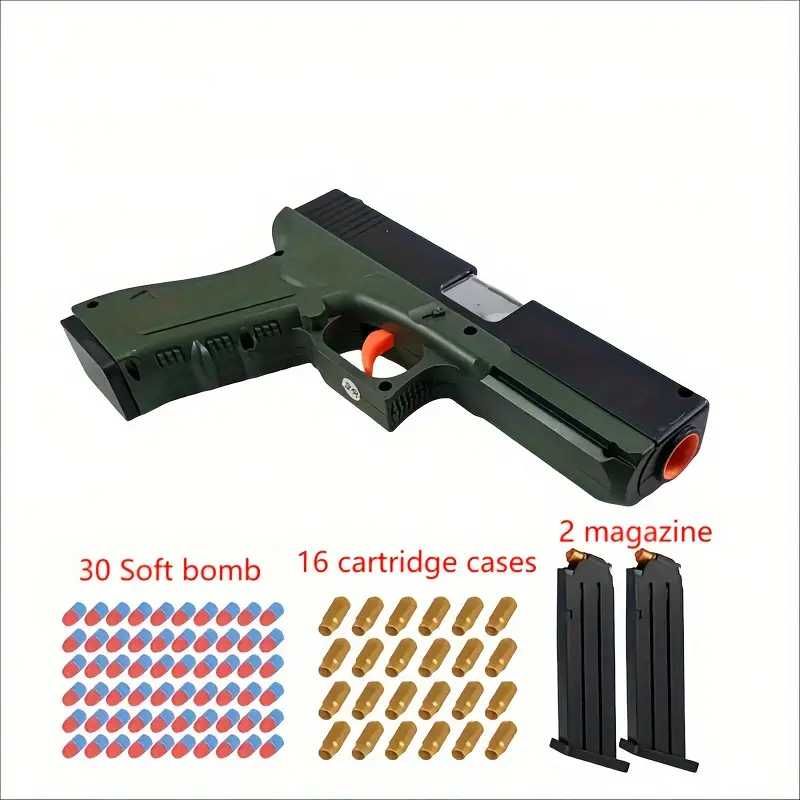 Pistolet zabawkowy z mechanizmem odciągania i z łuskami.