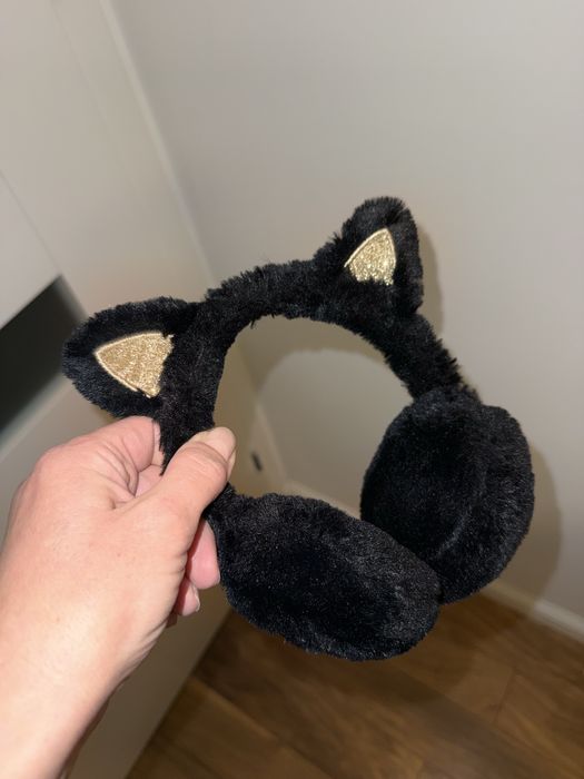 Czarne puszyste zimowe nauszniki kotki H&M