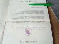 List Pochwalny dla Rezerwisty LWP Jednostka Wojskowa 1039  w Przemyślu