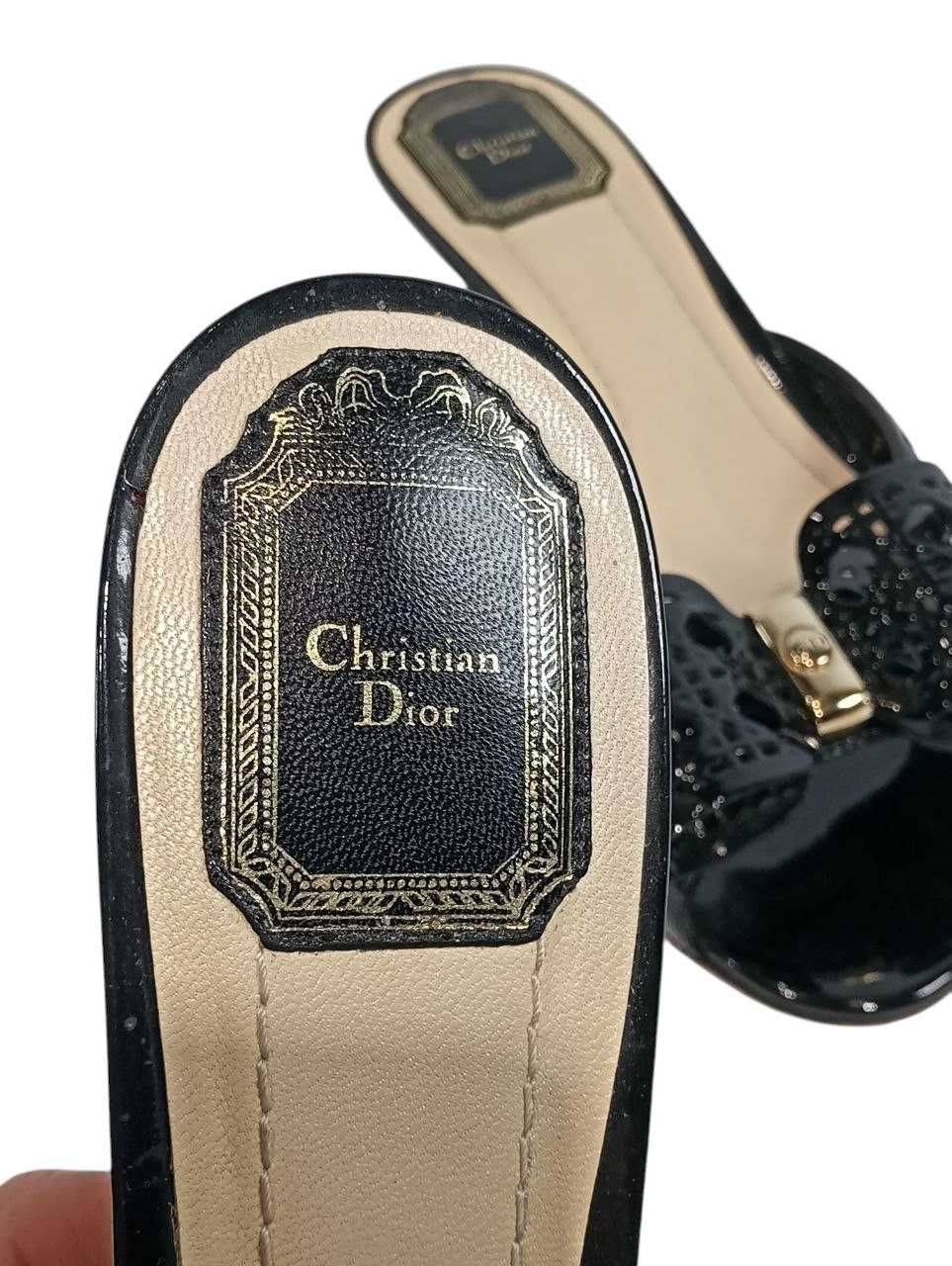 Кожаные босоножки шлепанцы Dior Black Patent Leather Bow Peep Оригинал